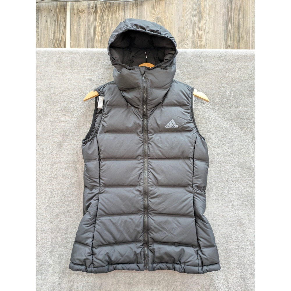Adidas Puffer Vest Womens Small Duck Down Full Zip Black Hooded